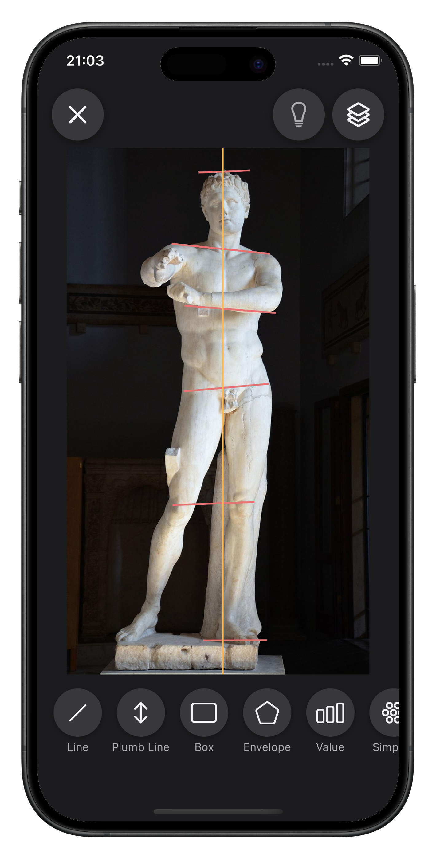 Plumb line over a classical sculpture reference